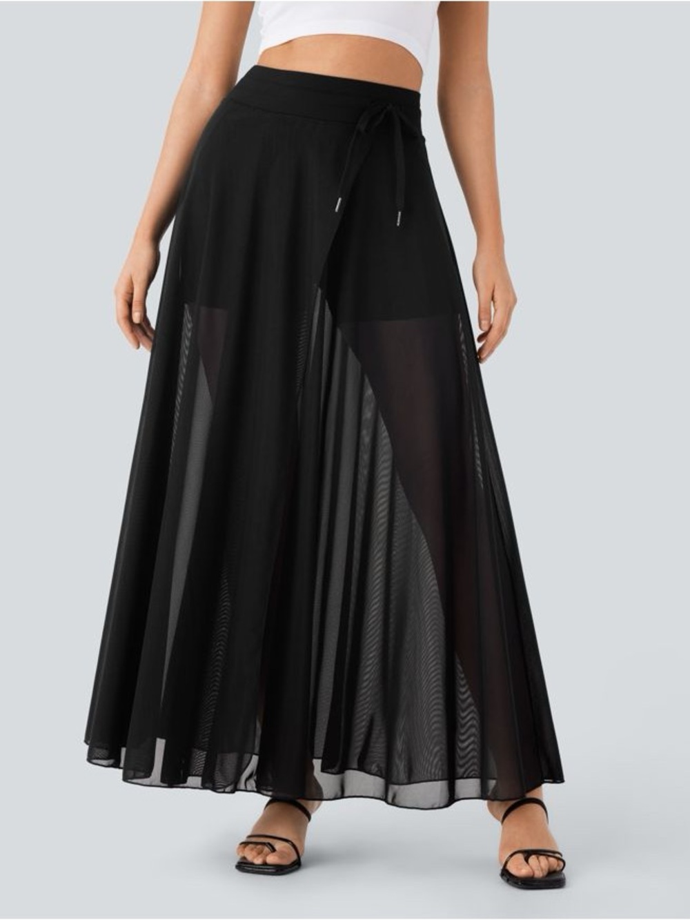 HALARA Black Sheer Maxi Skirt Waisted Drawstring Contrast Mesh 2-in-1 Pocket